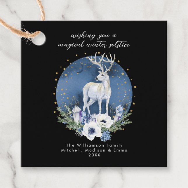 Vintersolstice Helgdag Hjort Blue White jul Gåvor Etiketter (Framsida)