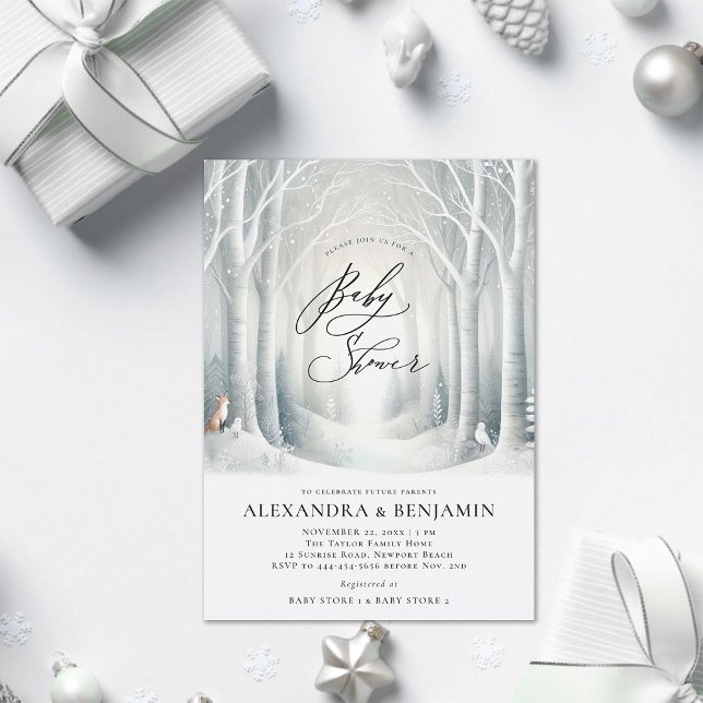 Vintersoluppgång Skogskoppling Neutralt Babyskor Inbjudningar (winter baby shower invitation neutral white wonderland enchanted forest woodland fox bird cute coed )