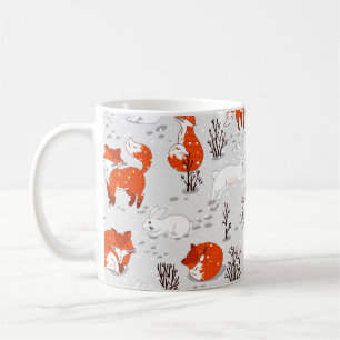 Vintersömlöst mönster med söta rävar och knipa. kaffemugg