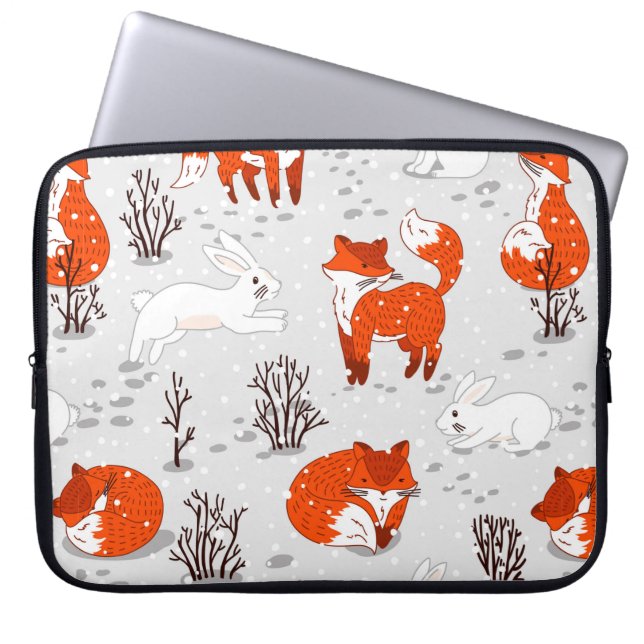 Vintersömlöst mönster med söta rävar och knipa. laptop fodral (Framsidan)