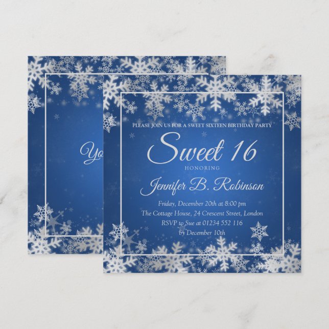 Vintersötare 16 Birthday Blue Silver Snöflingor Inbjudningar (Fram/baksida)