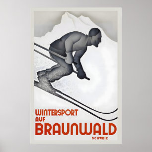 Vintersport i Braunwald Schweiz Vintage Skidor Poster