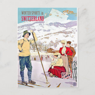 Vintersport i Schweiz, vintage resemotiv Vykort