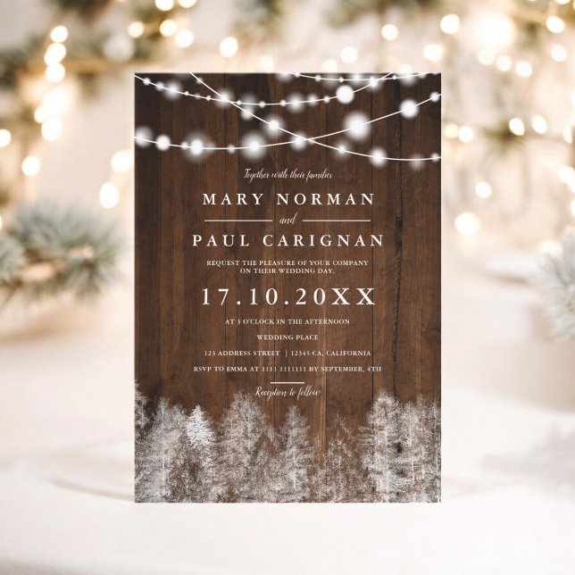 Vintersträngen ljus bröllop inbjudningar (Rustic wood winter string lights forest wedding invitation)