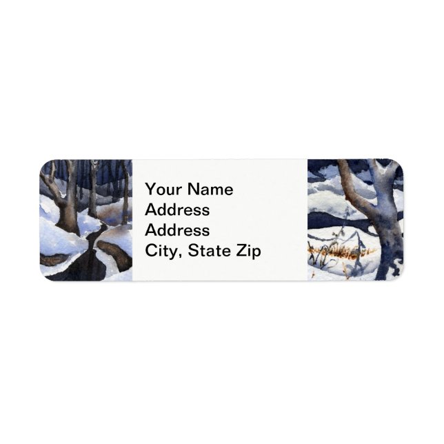 Vinterströmmen snö täckte vinterströmmen mörk träd returadress etikett (Framsidan)