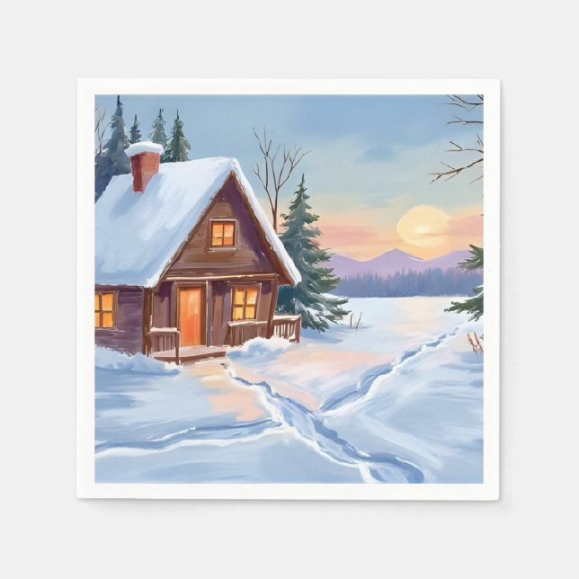 Vinterstuga Berg Snö Akvarell Pappersservett (Framsidan)