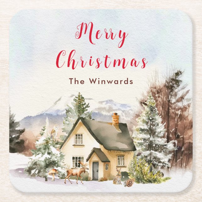 Vinterstuga Glad jul Underlägg Papper Kvadrat (Framsidan)