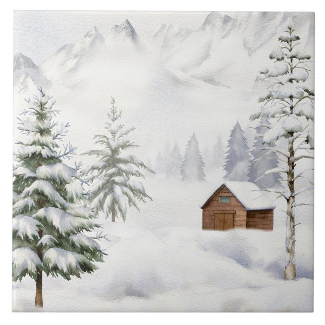 Vinterstuga i snöig skog akvarell kakelplatta (Framsidan)