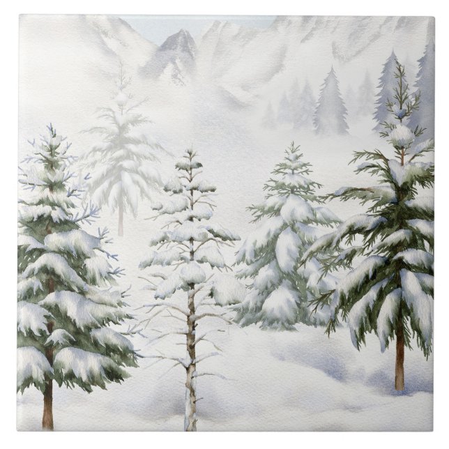 Vinterstuga i snöig skog akvarell kakelplatta (Framsidan)