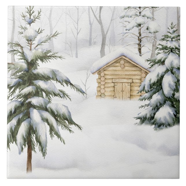 Vinterstuga i snöig skog akvarell kakelplatta (Framsidan)