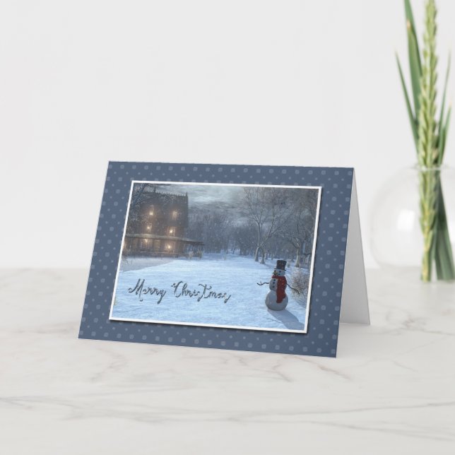 Vinterstuga och snögubbe i månsken helgkort (Framsida)