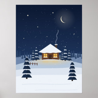 Vinterstuga på natten jul stjärnig snö affisch