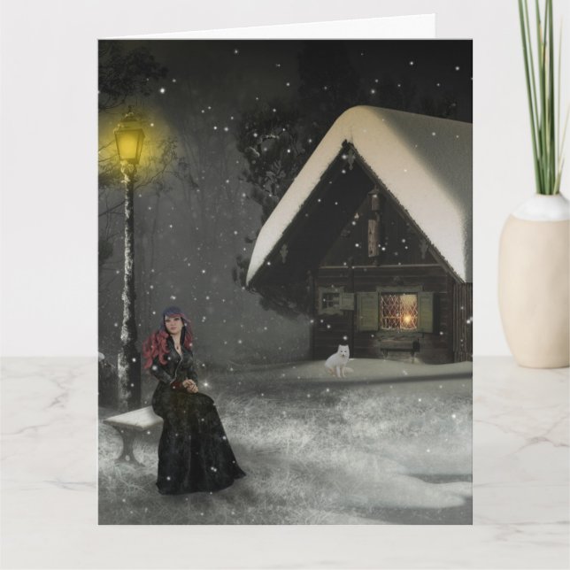 VINTERSTUGA SNÖ FLICKA TÄNKER PÅ DIG KORT (Framsida)