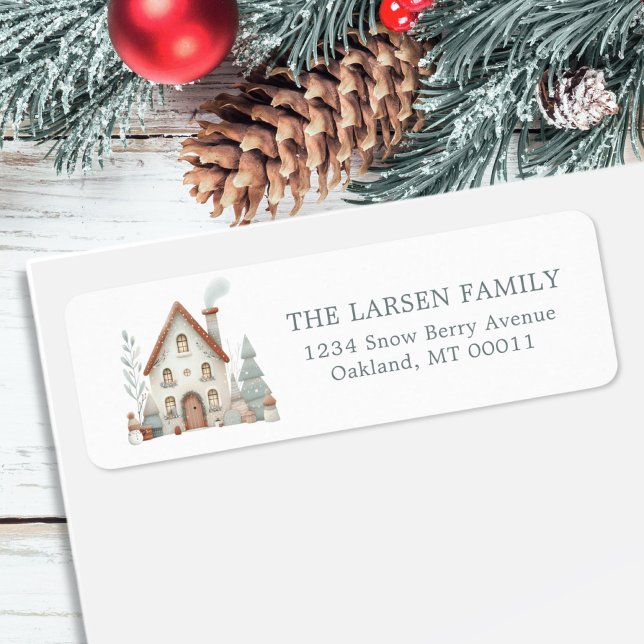 Vinterstuktage för julhuset returadress etikett (Skapare uppladdad)