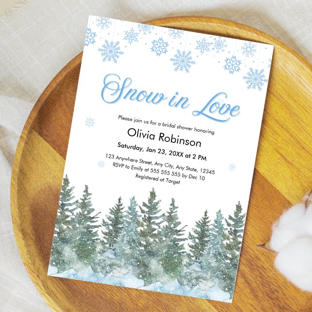 Vintertall Snö i kärlek Snöflingor Bröllopsdusch Inbjudningar (Winter Pine Trees Snow in Love Snowflakes Bridal Shower Invitation )