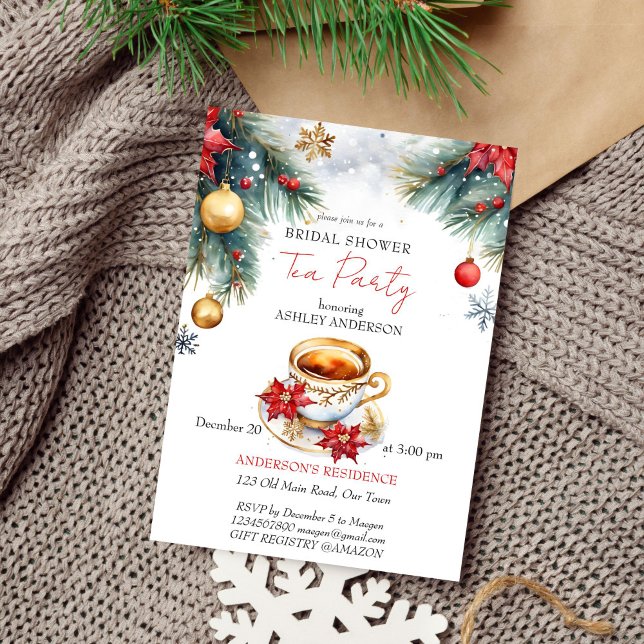 Vinterte-möhippan party-mall för jul inbjudningar (Christmas winter bridal shower tea party editable template invitation digital download watercolor)