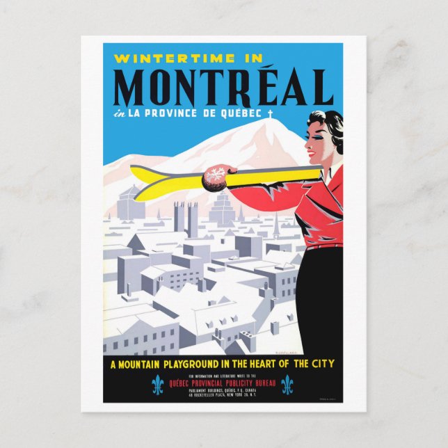 Vintertid i Montreal, kvinna med skidutrustning Vykort (Framsida)