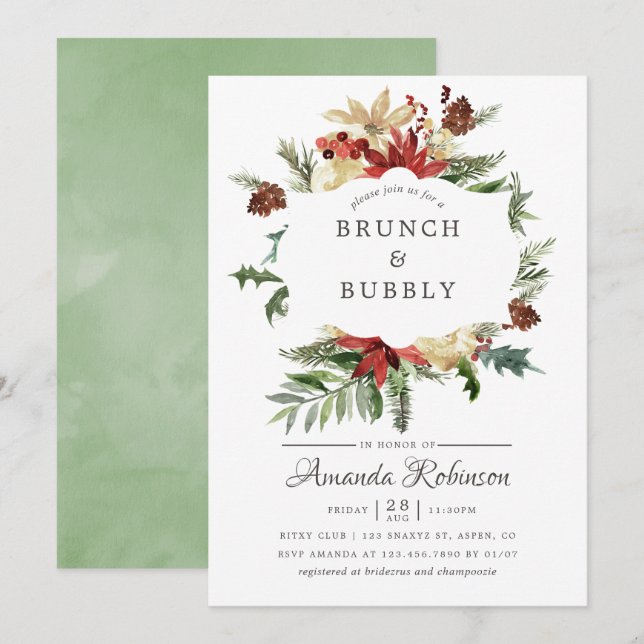 Vintertidskontinentalt julbrunch och bubbel inbjudningar (Fram/baksida)