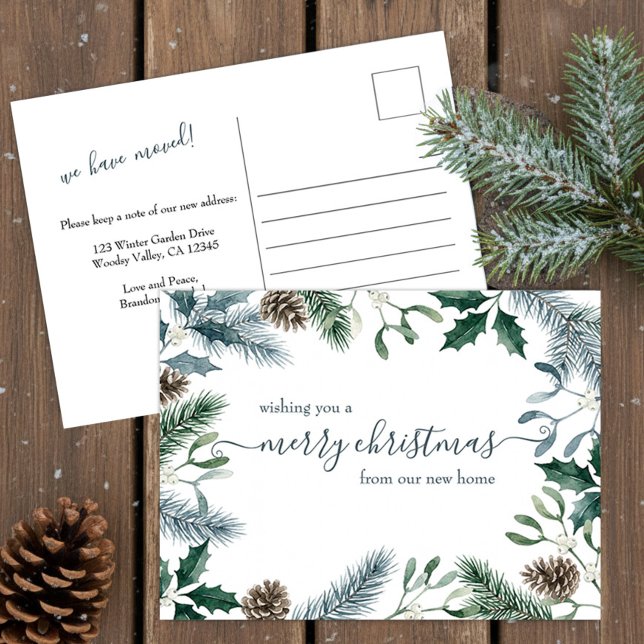 Vinterträdgård Ny Hem Merry Christmas Vykort (New Address Christmas Postcard with winter garden greenery by Darling & May)