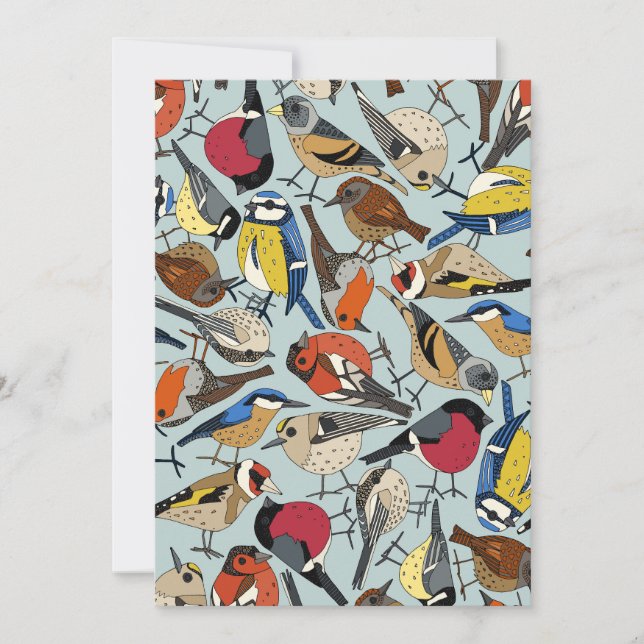 Vinterträdgårdsfåglar, blått julkort (Framsida)