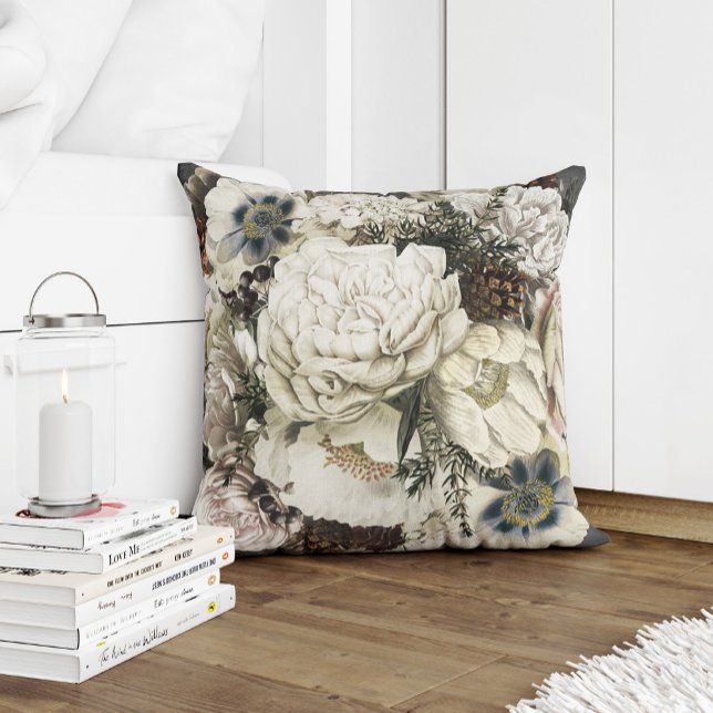 Vinterträdgårdsvit och grått-vintage botanisk kudde (Skapare uppladdad)