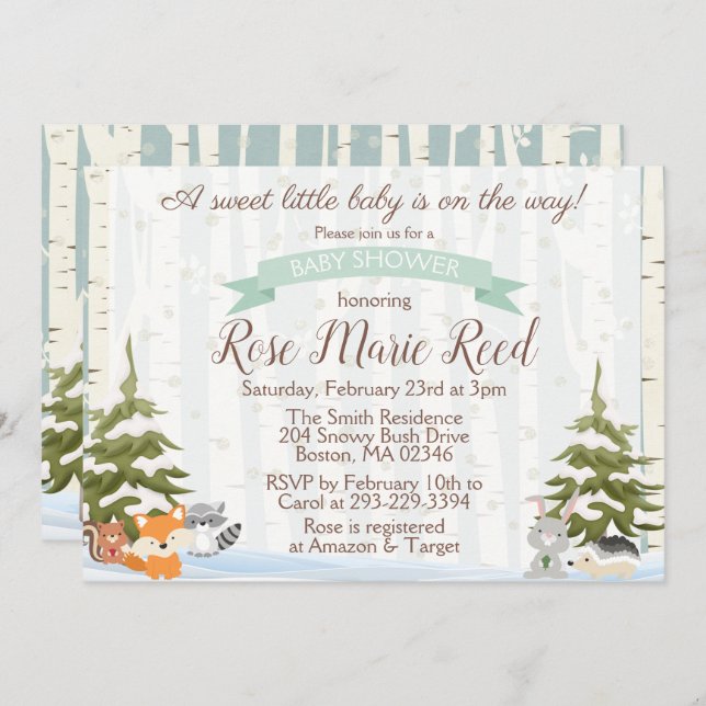 Vinterträdsdjur Underland Babyskor Inbjudningar (Fram/baksida)