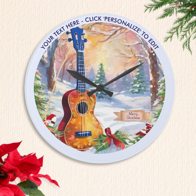 Vinterukulele i snö anpassad text jul stor klocka (A Christmas clock with picture of a ukulele in a festive snow scene, with 'Merry Christmas' greeting)