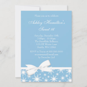 Vinterunderland Blue Snowflake Bow Sweet 16 Inbjudningar