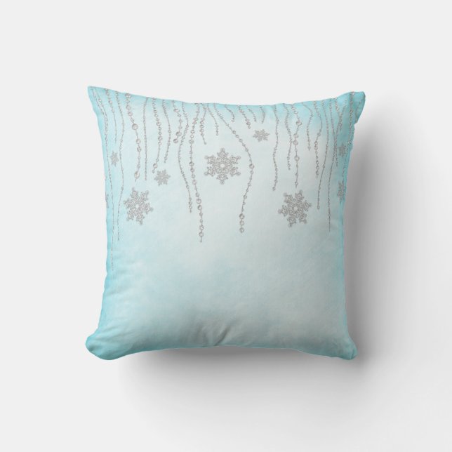 Vinterundret Diamant Snöflingor Teal Blå Kudde (Framsida)