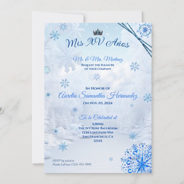 Vinterundret Snöflinga Quinceañera Inbjudan (Framsida)