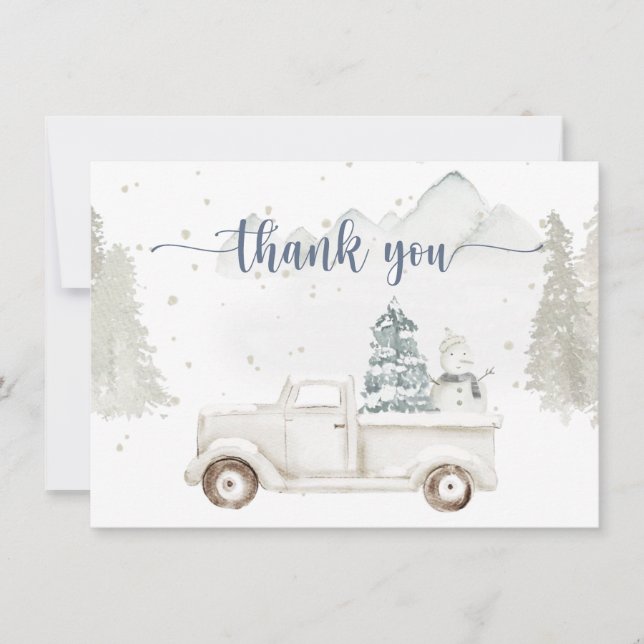 Vinterundretland, snöiga djur och lastbil tack kort (Framsida)