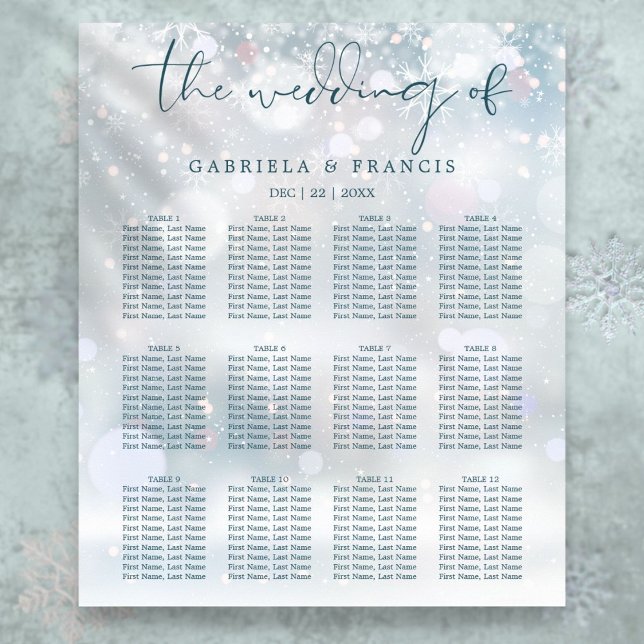 Vinterundrets bröllopsplatskarta poster (Winter Wonderland Snow Wedding Seating Chart
)