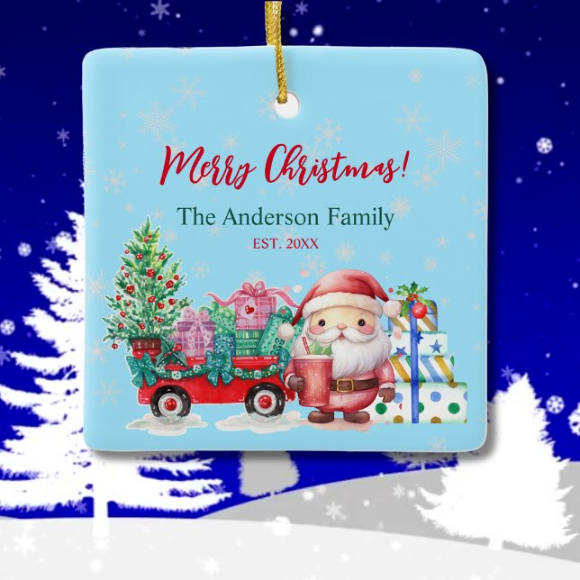 Vinterundrets Santa-gåvor Vattenfärgörnament Julgransprydnad Keramik (Personalized Christmas Ornament Family Name and Date Watercolor Rustic Vintage Gifts and Wagon Snow)