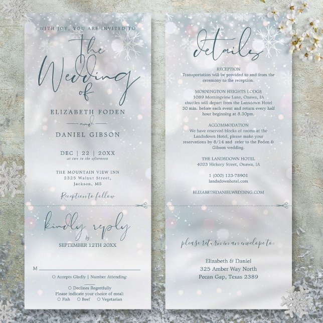 Vinterundrets snö Allt i ett bröllop Inbjudningar (Winter Wonderland Snow All In One Wedding Invitation)