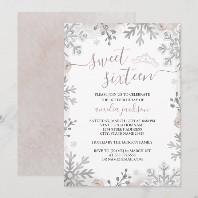 Vinterundrets Sweet Sixteen Blush Tiara  Inbjudningar (Fram/baksida)