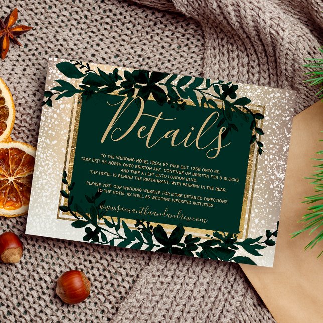 vinteruppgifter om guld typografi löv snö elegant tilläggskort (gold typography leaf snow elegant winter details enclosure card)