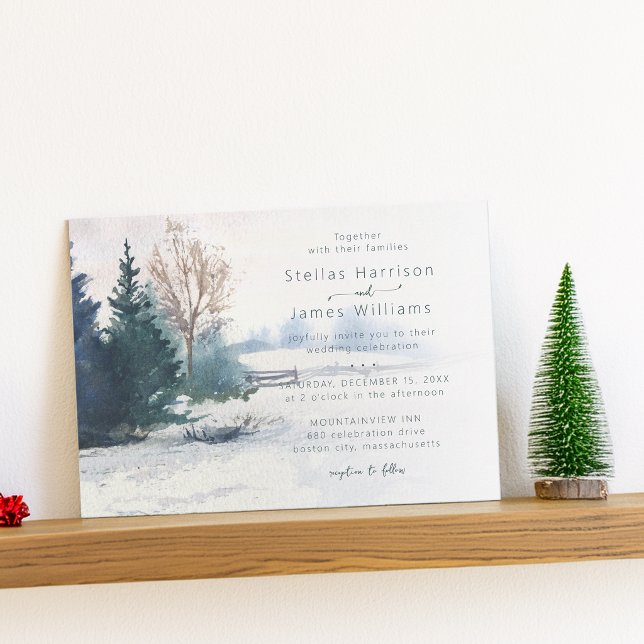 Vinterutsikt Tall QR-kod Bröllop Inbjudningar (Winter Scenery Pine Tree Wedding Invitation)