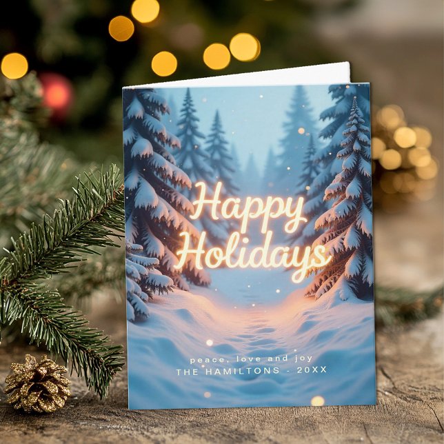 Vintervacker blå skog Glad julkort Kort (Happy Holidays Personalized Greeting Card)