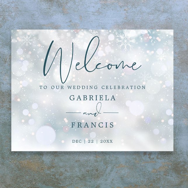 Vintervackerland Snö Bröllop Välkomstskylt Poster (Winter Wonderland Snow Wedding Welcome Sign)