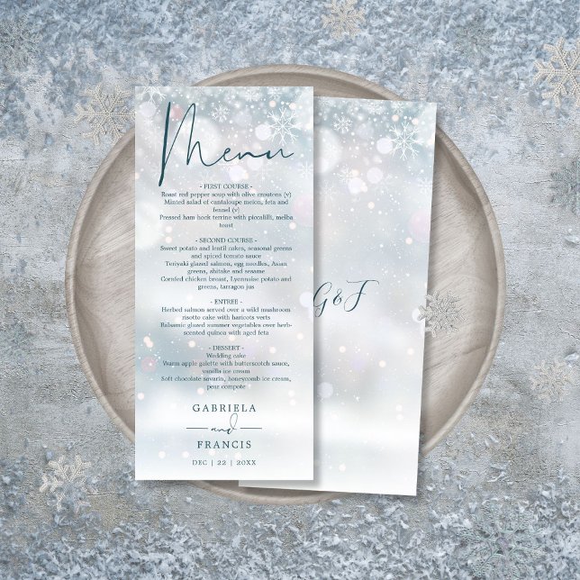 Vintervackra snöbröllopsmiddagsmeny meny (Winter Wonderland Snow Wedding Dinner Menu)