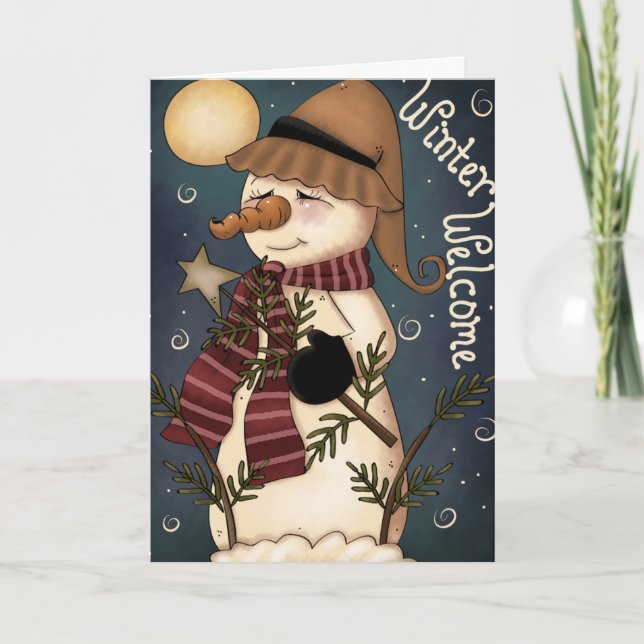 Vintervälkomstkort för Snögubbe folkart Helgkort (Framsida)