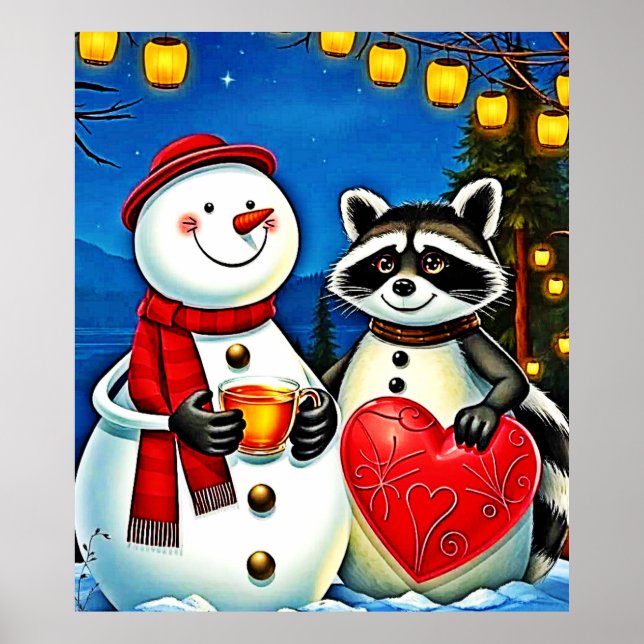 Vintervänner: Snömannen & Tvättbjörns Glädje Desig Poster (Framsidan)