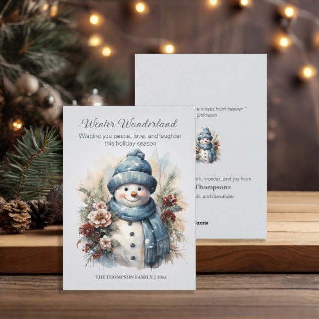 Vintervårld Snömannen Dammig Blå Julkort (Snowman Winter Wonderland custom Christmas greeting card )