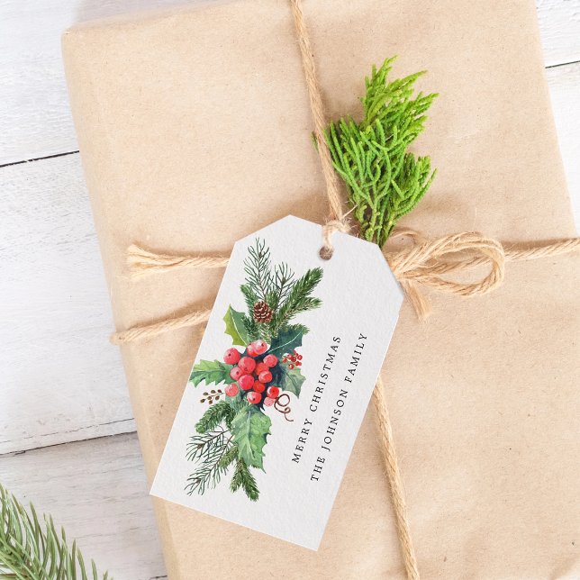 Vintervattenfärg Juliberry Grönska Presentetikett (Winter Watercolor Holly Berry Greenery Gift Tags)