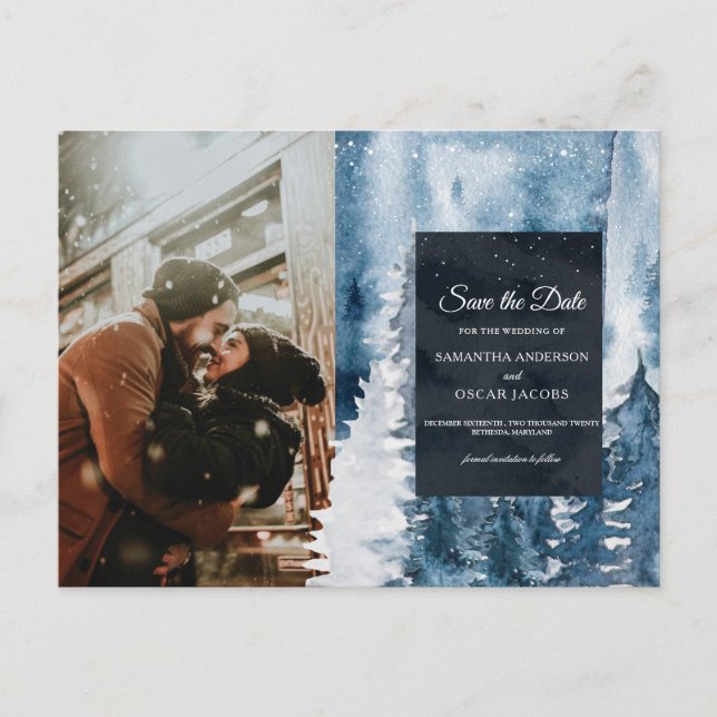 Vintervattenfärg skog & marinblå & Vit Annons Meddelande Vykort (Framsida)