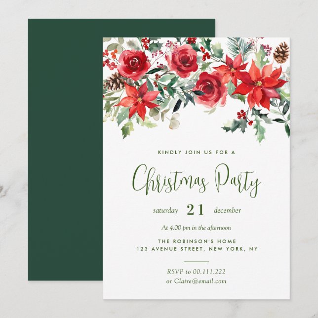 Vintervattensfärgad blommigt christmas party inbjudningar (Fram/baksida)