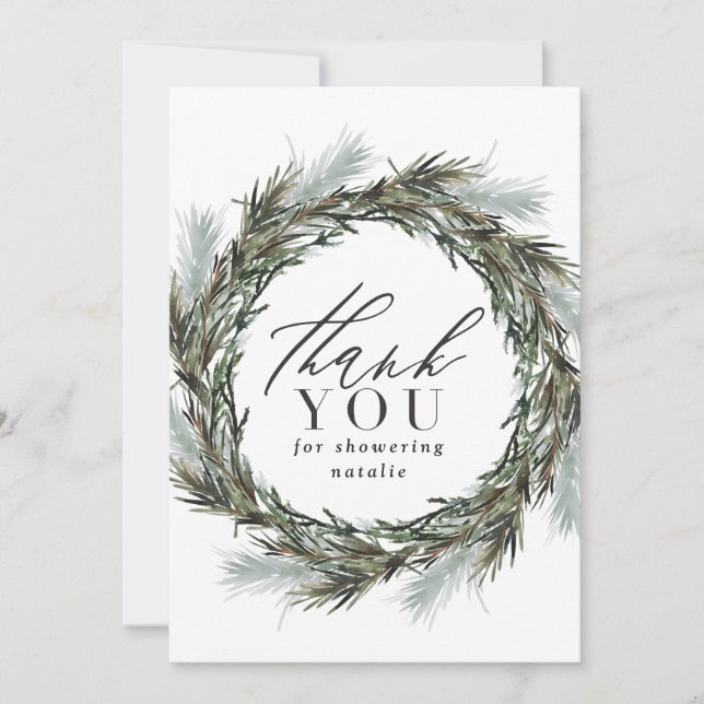 Vintervattensfärgad botanisk babydusch tack. (Framsida)