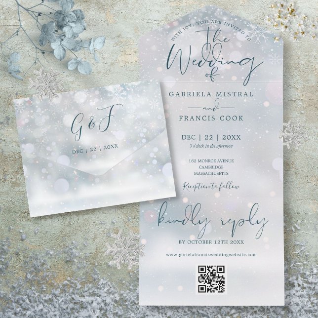 Vintervett QR-kod Snöbröllop (Winter Wonderland QR Code Snow Wedding All In One Invitation)