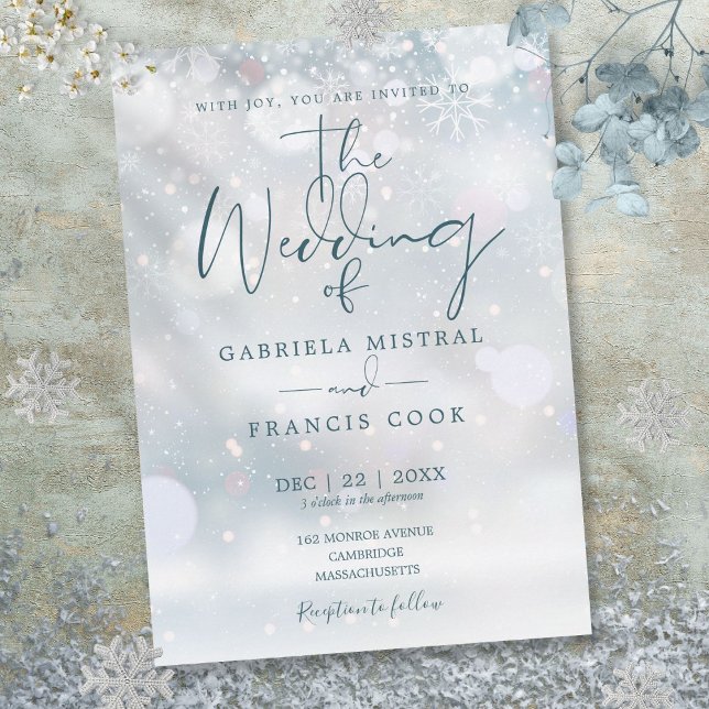Vintervettenskap Script Snöflingor Bröllop Inbjudningar (Winter Wonderland Script Snowflakes Wedding Invitation)