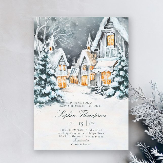 Vintervettigt Vattenfärg Snö Kall Bebis Shower Inbjudningar (winter wonderland classic baby shower invitations dreamy snow village lights december january )
